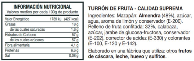 Informaci&oacute;n Nutricional Turr&oacute;n de Fruta