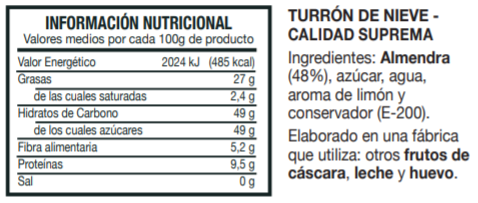 Informaci&oacute;n Nutricional Turr&oacute;n de Nieve